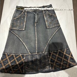 Denim A-Line Skirt with Patterned Accents